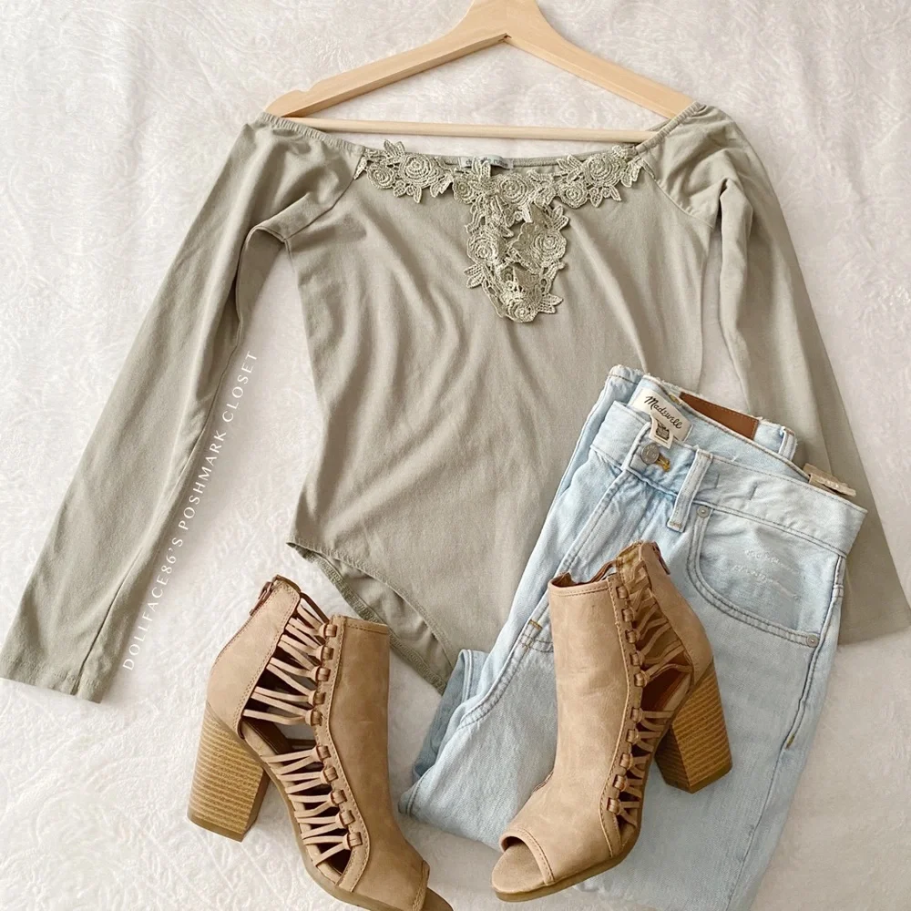 Sage Off Shoulder Floral Appliqué Neckline Bodysuit